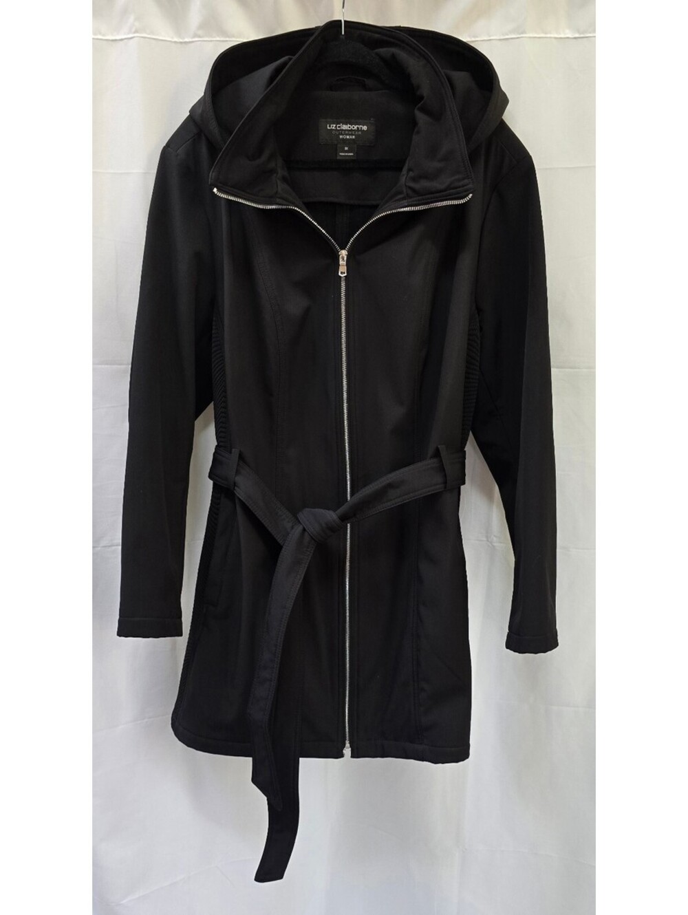 Liz Claiborne Women's 3X Black Hooded Belted Softshell Coat Plus Size